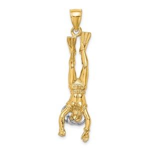 14k Yellow Gold with Two-Tone 3-D Female Scuba Diver Necklace Charm Pendant